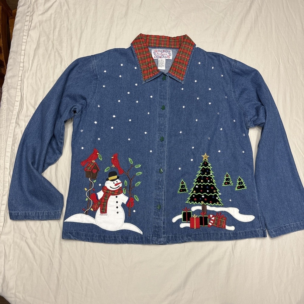 Vtg 90s Tantrums Womens XL Christmas Embroidered Denim Jacket Red Collar Snowman